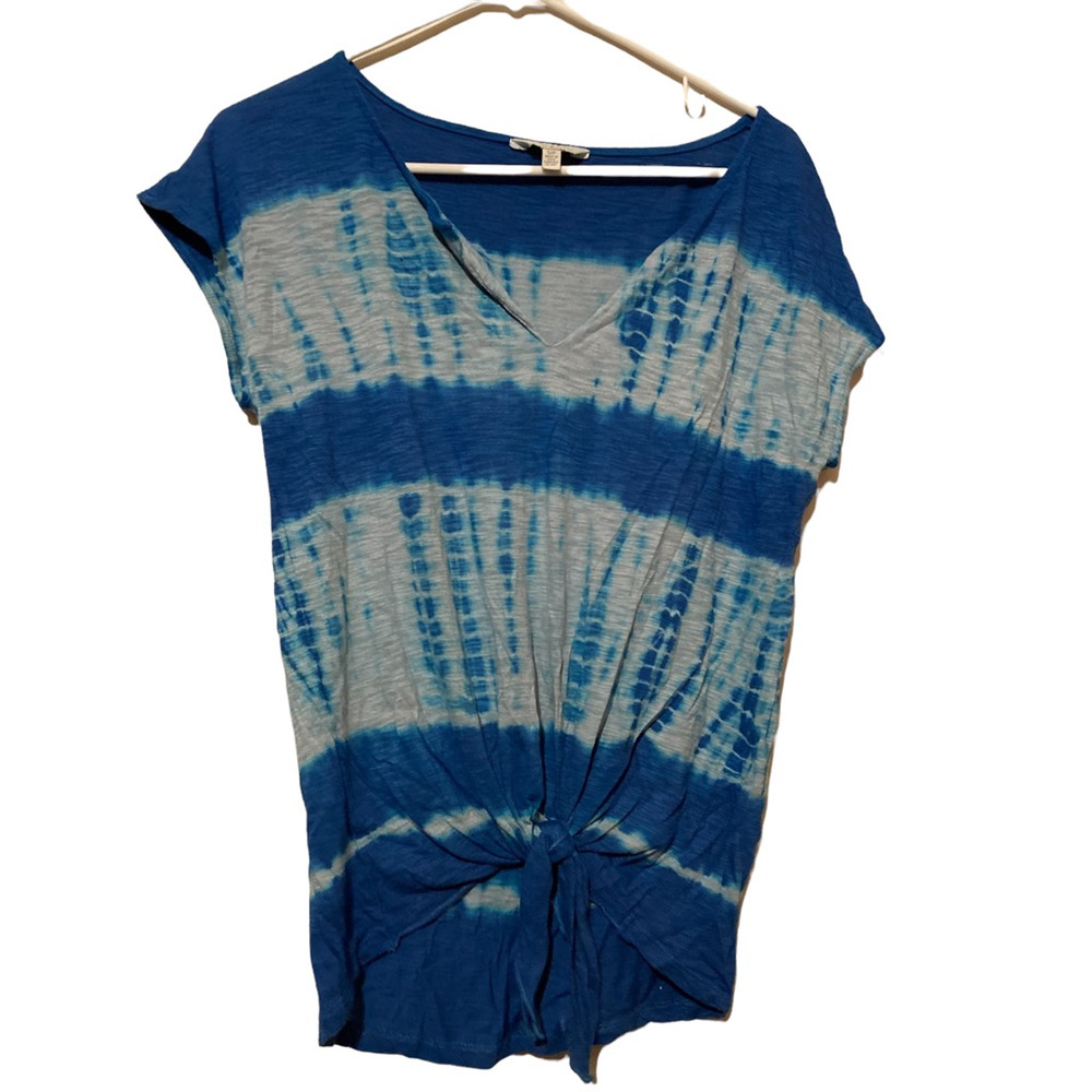 Lucky Brand Womens Blouse Blue Tie‎ Dye Space Dye V Neck Hi Low Front Knot S